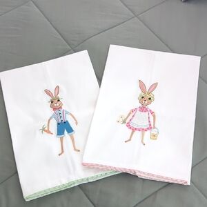 Pair of  White Cotton Kitchen Tea Towels  Embroidered  Bunny Design